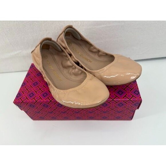 AUTH w/ Box  Tory Burch Eddie Soft Patent Leather Flat Ballet Shoe Size 8M Sand - Picture 2 of 6